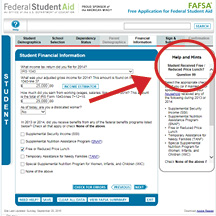 Screen shot of FAFSA online with the help and hints box highlighted on the right